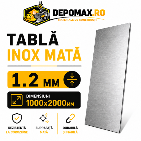 Tabla inox mata AISI 304 2B, 1.2 x 1000 x 2000 mm, 2 mp